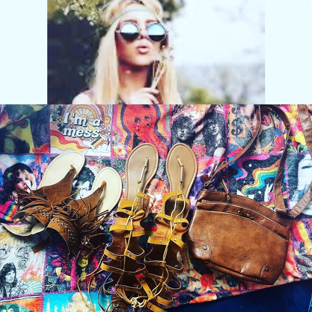🔥 NWOT & EUC BOHO HIPPY GLADIATOR FRINGE SANDAL AND PURSE LOT OF 3  8-8.5